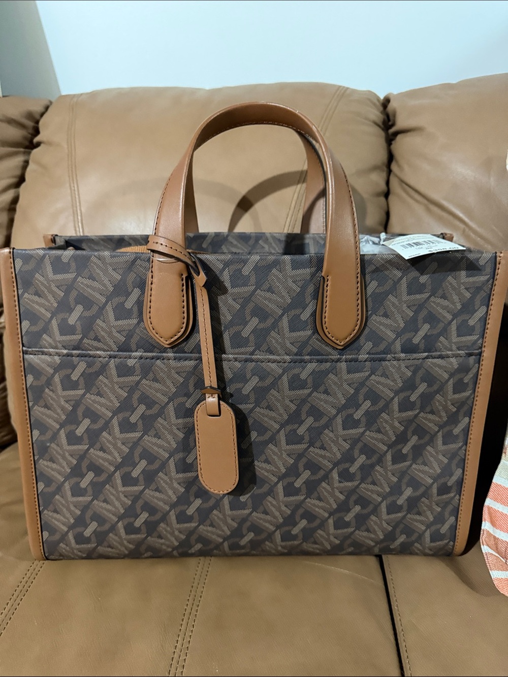 Michael Kors Brown Patterned Gigi Tote with Tan Trim